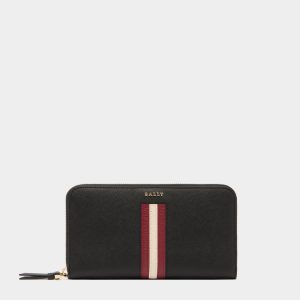 Zip Around Wallet in Black Embossed Leather With a Bally Ribbon