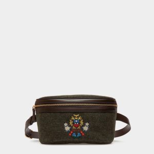 Winter Capsule Belt Bag in Dark Green Wool and Ebano Leather With Alpine Flowers