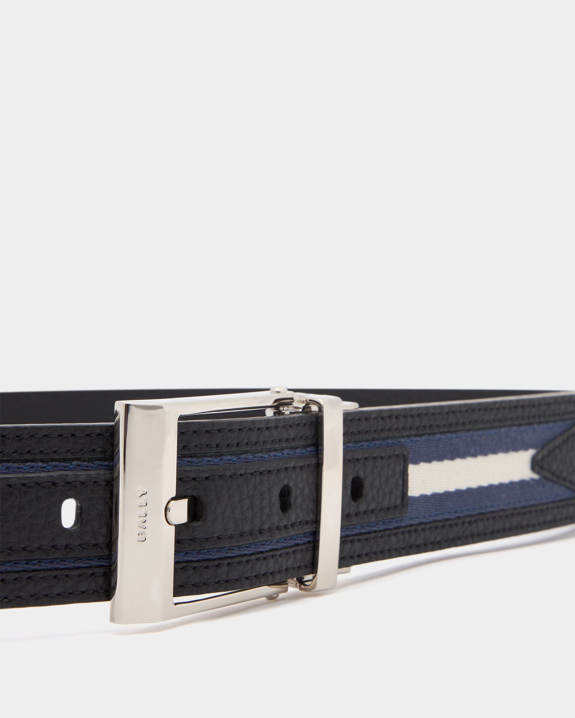 Shiffie 35 mm Reversible Belt in Blue Fabric And Black Leather - Image 4