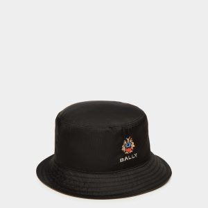 Reversible Bucket With Bally Crest Logo In Black And Olive Green Technical Fabric