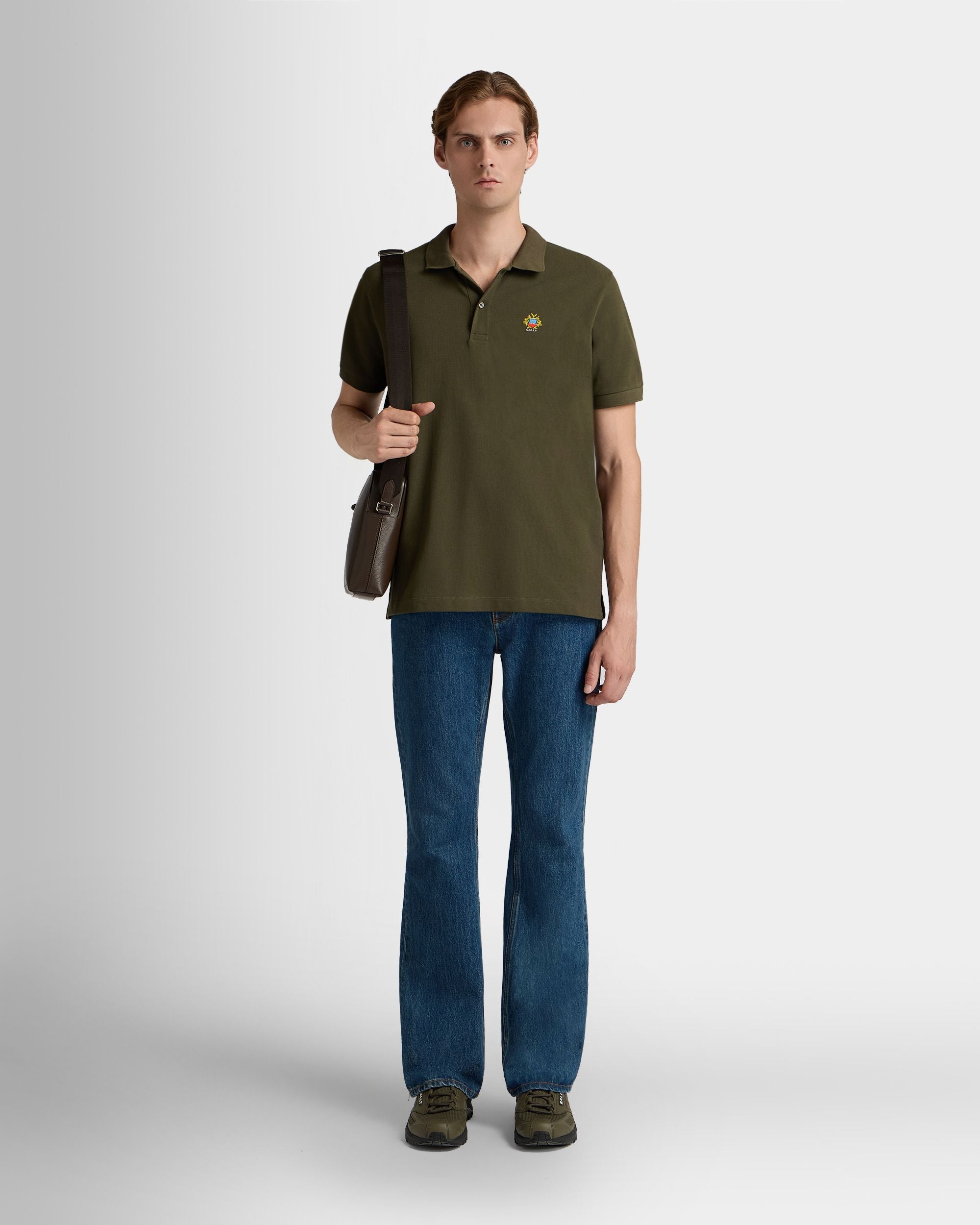 Polo Shirt in Military Green Cotton With a Bally Crest - Image 2