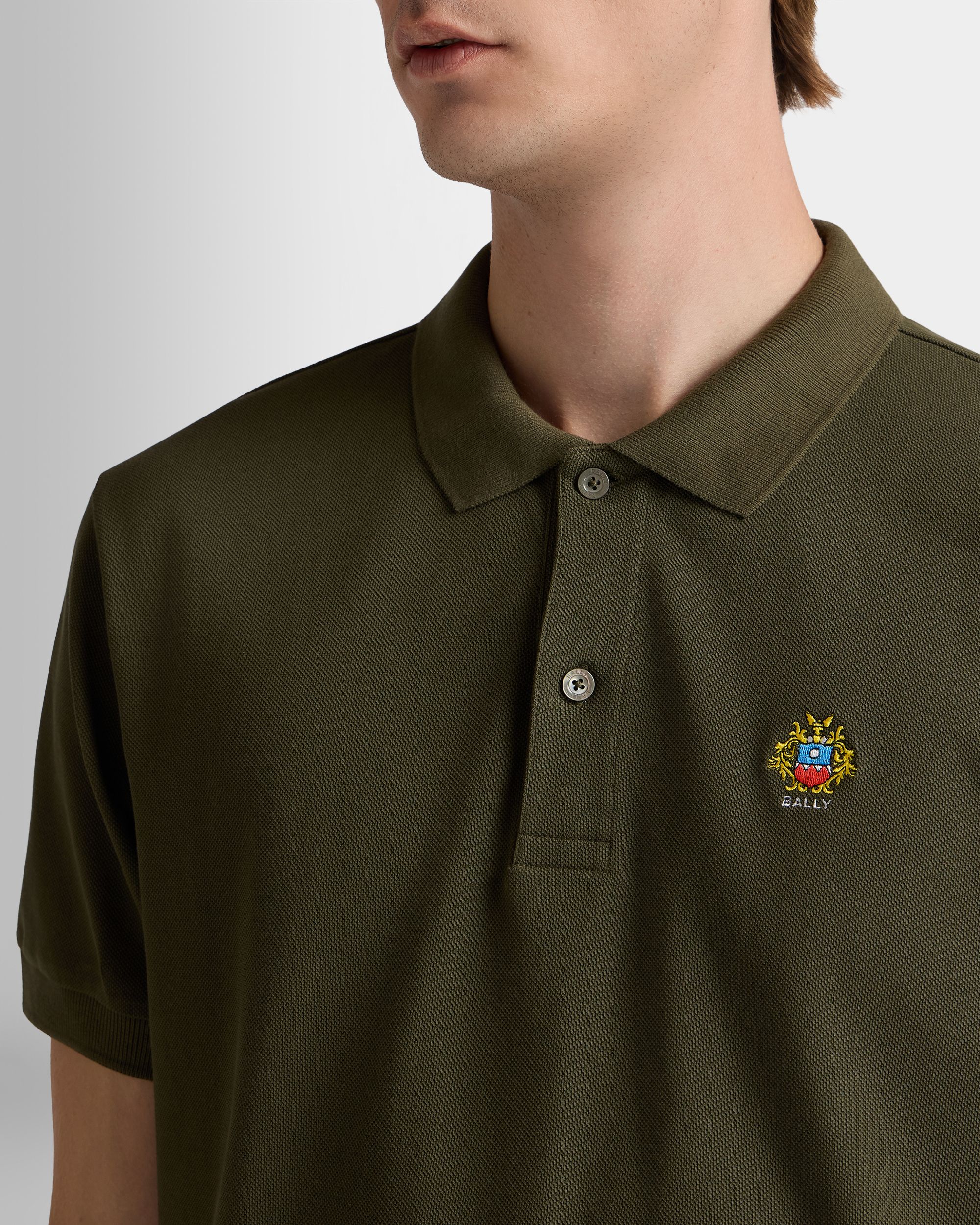 Polo Shirt in Military Green Cotton With a Bally Crest - Image 3