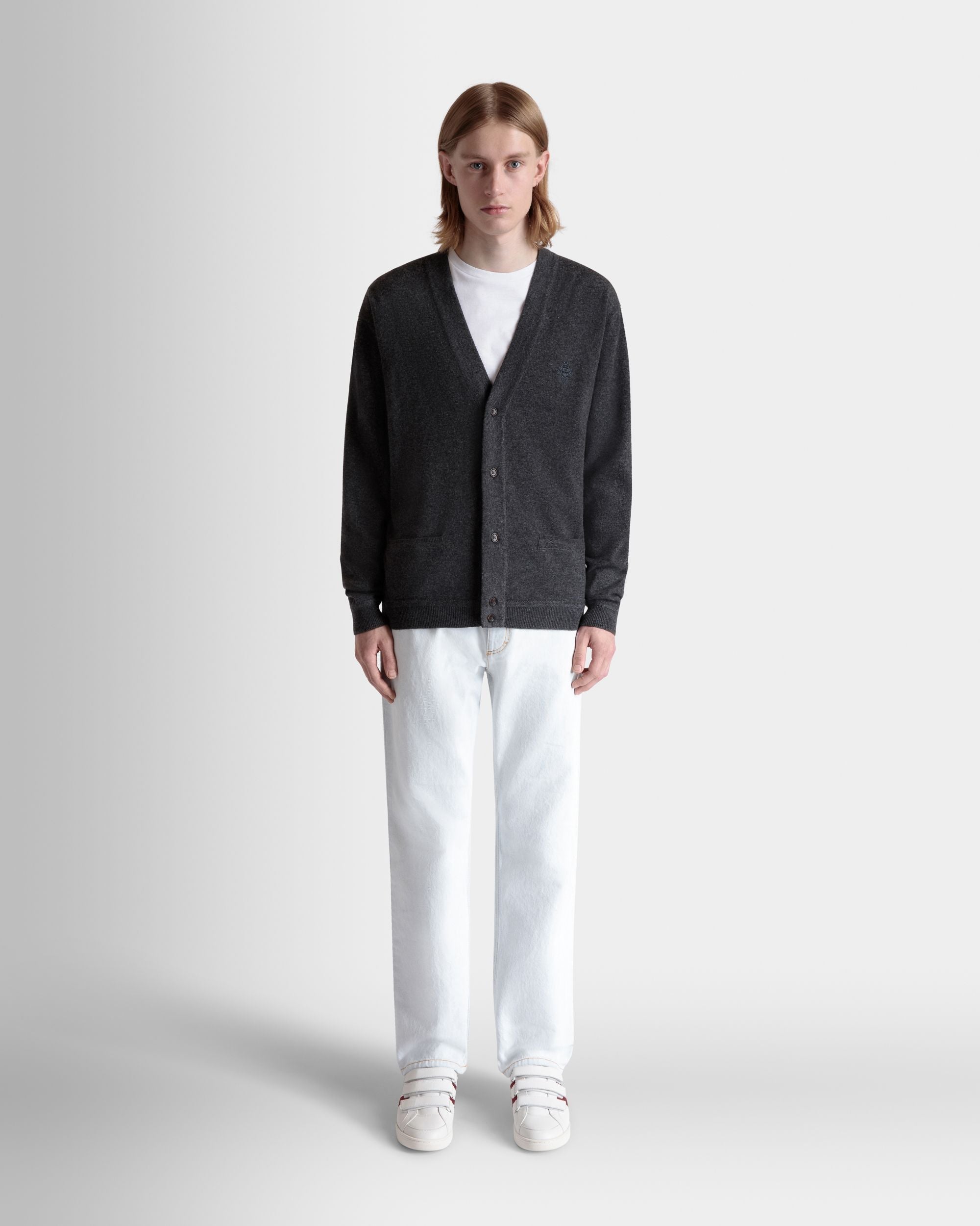 Cardigan With Bally Crest Logo in Dark Grey Cashmere - Image 2