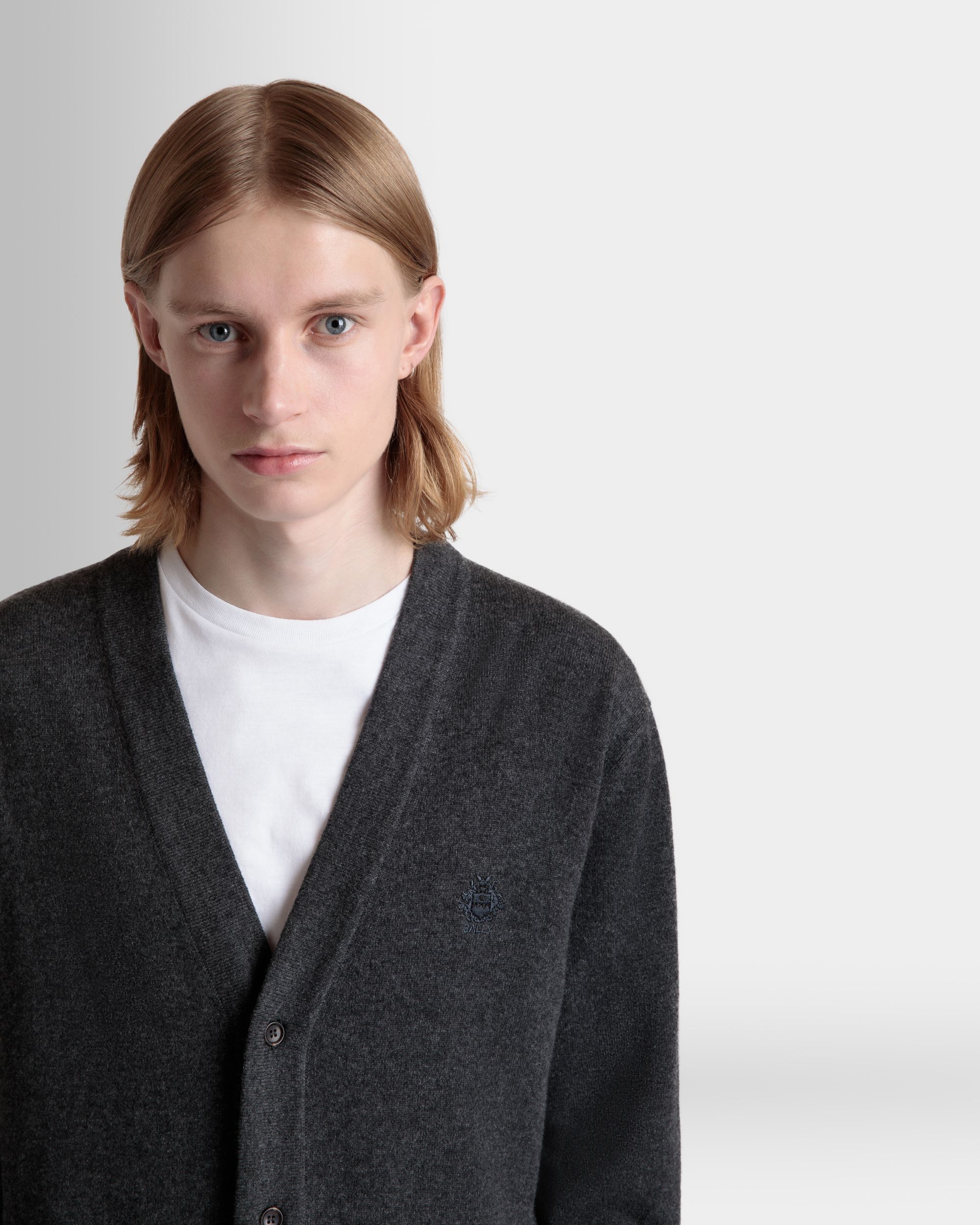 Cardigan With Bally Crest Logo in Dark Grey Cashmere - Image 3
