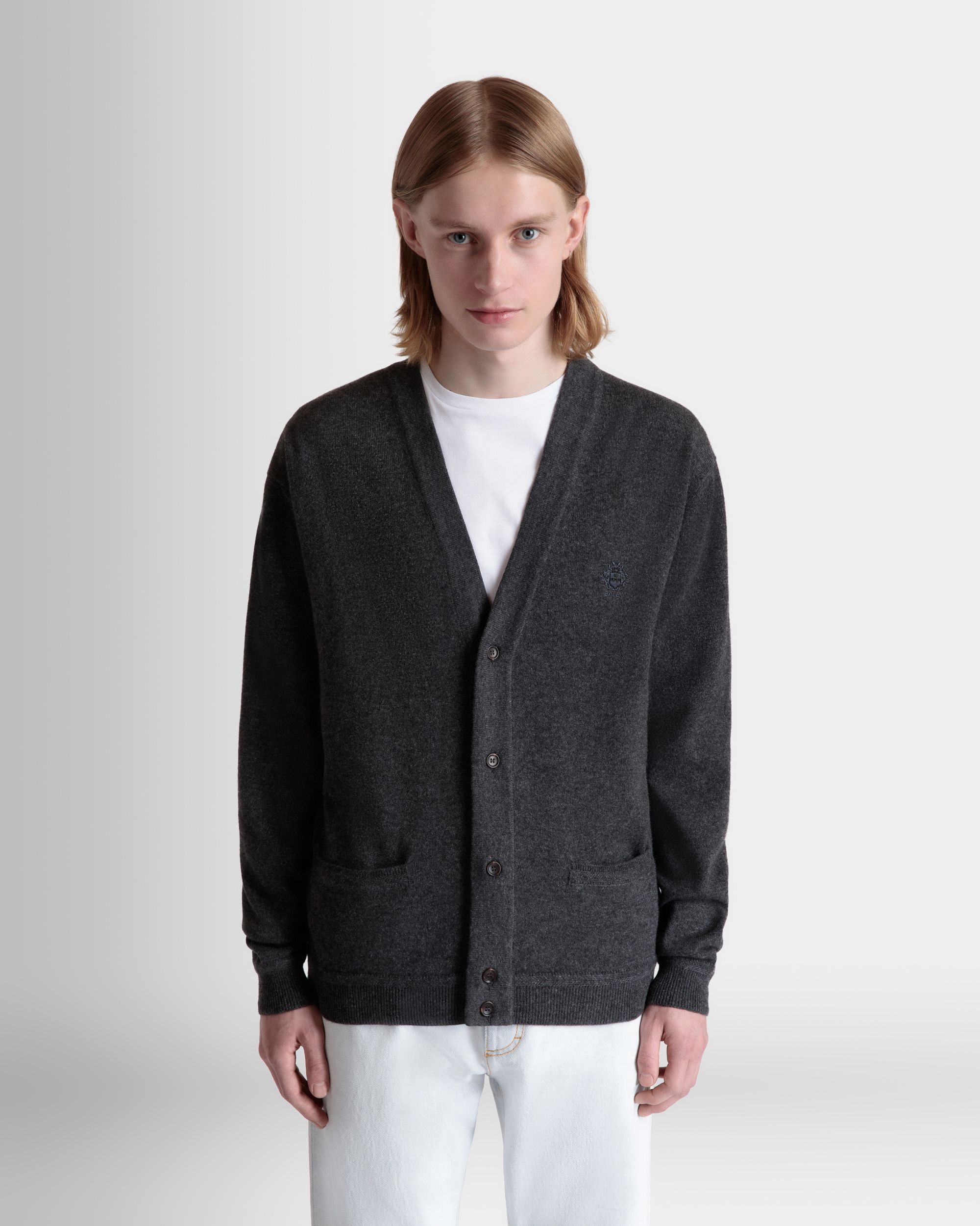 Cardigan With Bally Crest Logo in Dark Grey Cashmere - Image 8