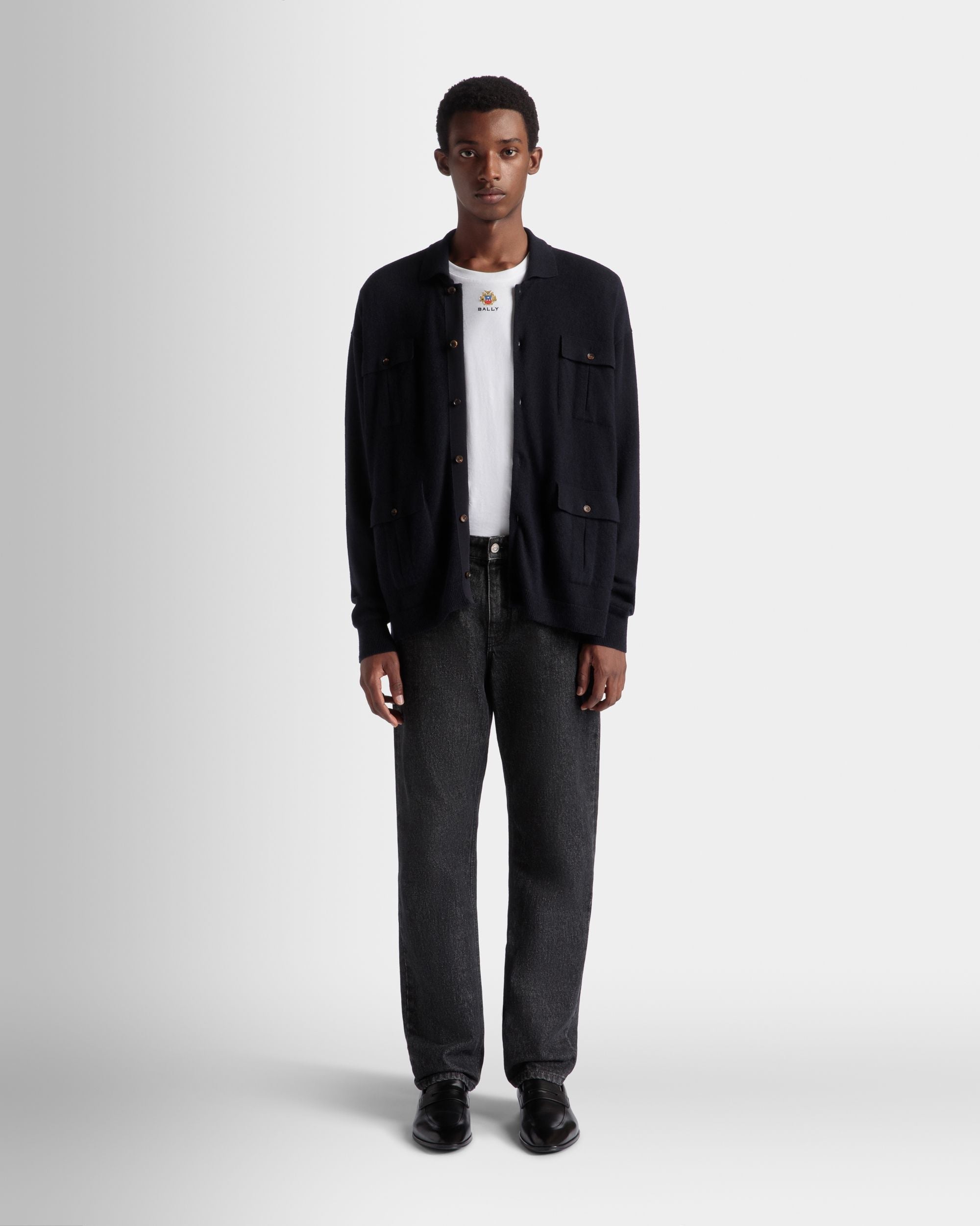 Long Sleeve Shirt With Logo In Navy Blue Cashmere - Image 2