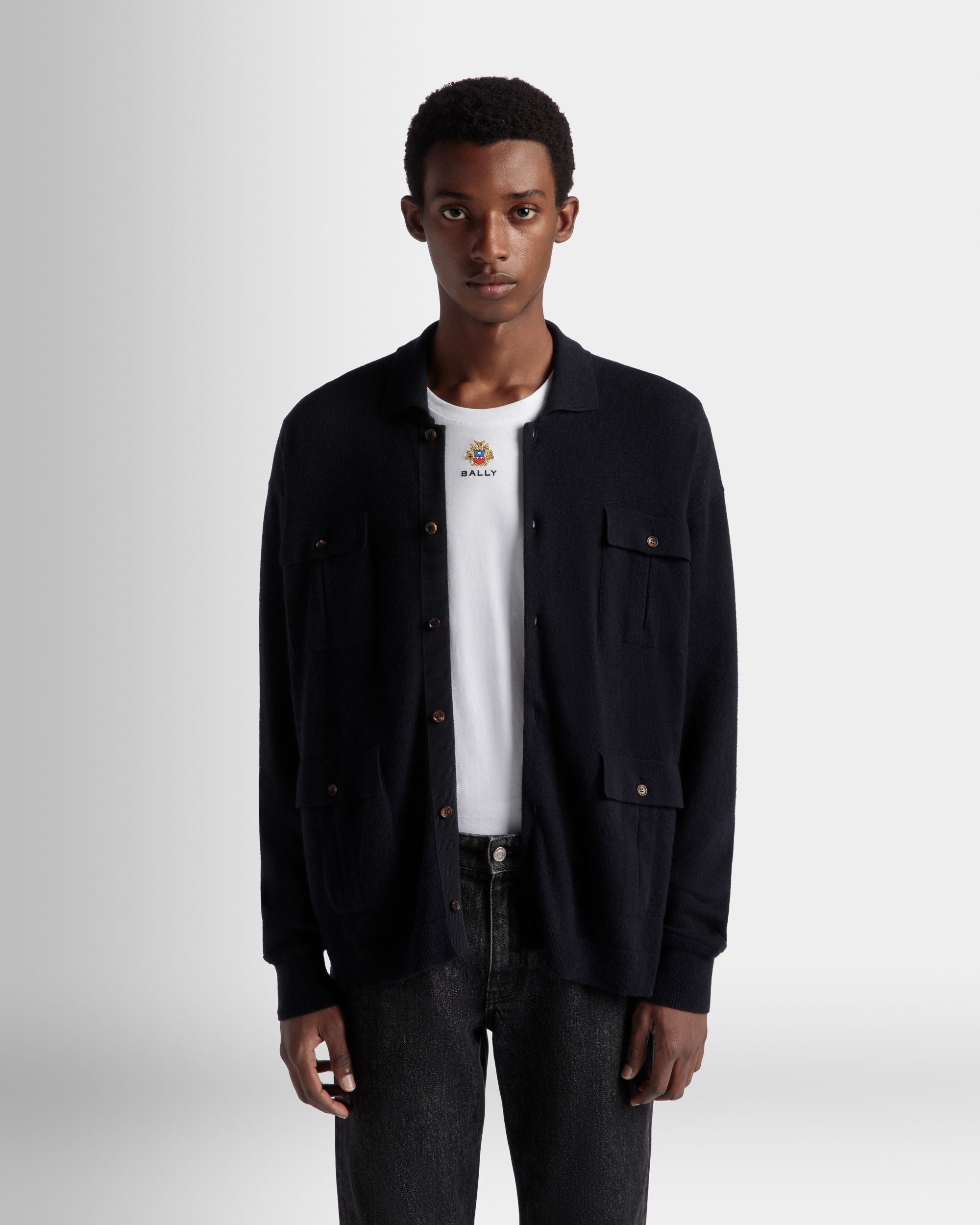 Long Sleeve Shirt With Logo In Navy Blue Cashmere - Image 5