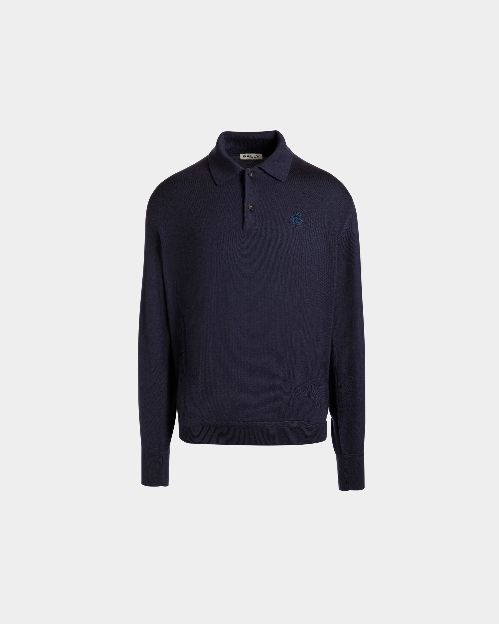 Long Sleeve Polo With Bally Crest Logo in Navy Blue Cashmere Blend