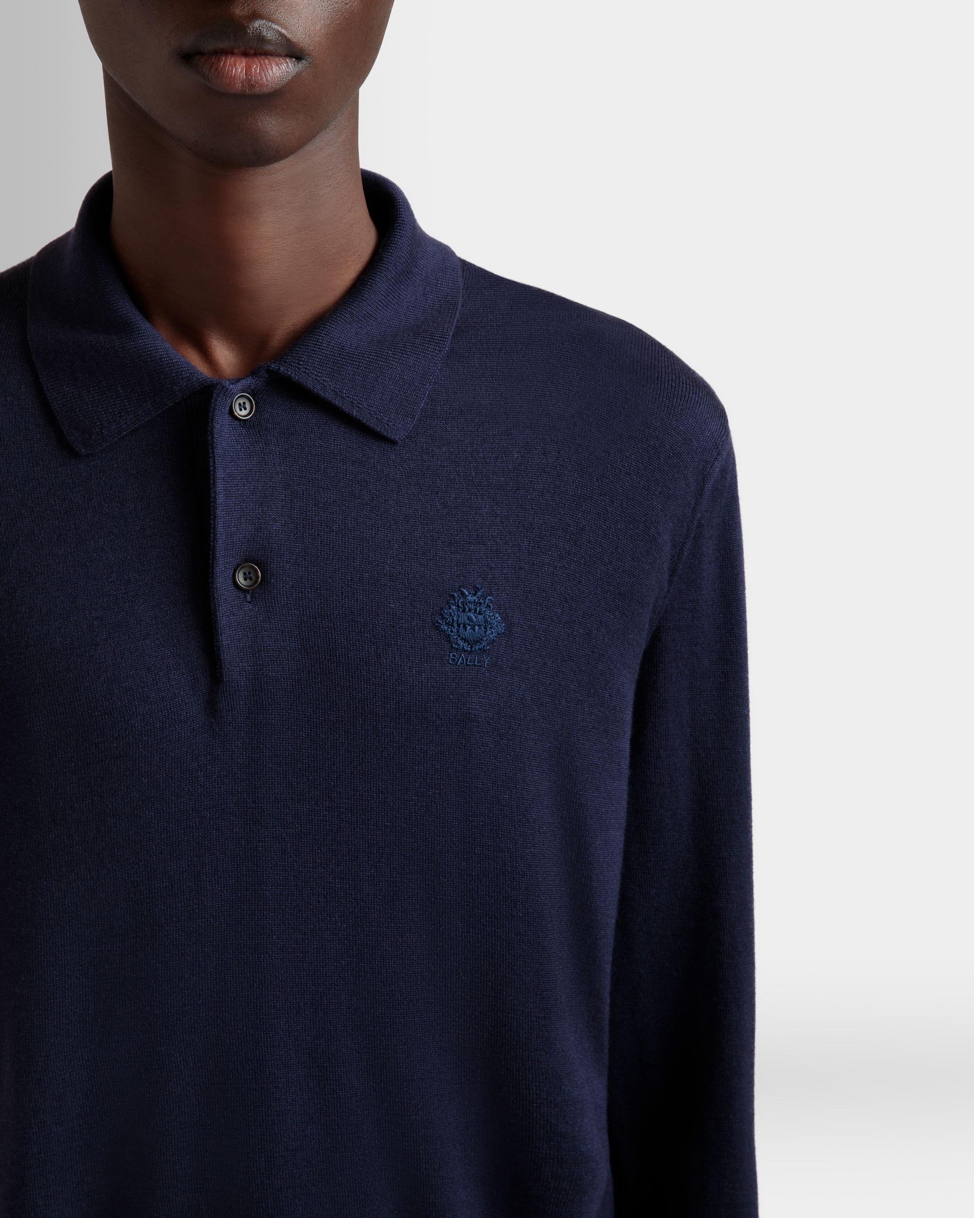 Long Sleeve Polo With Bally Crest Logo in Navy Blue Cashmere Blend - Image 3