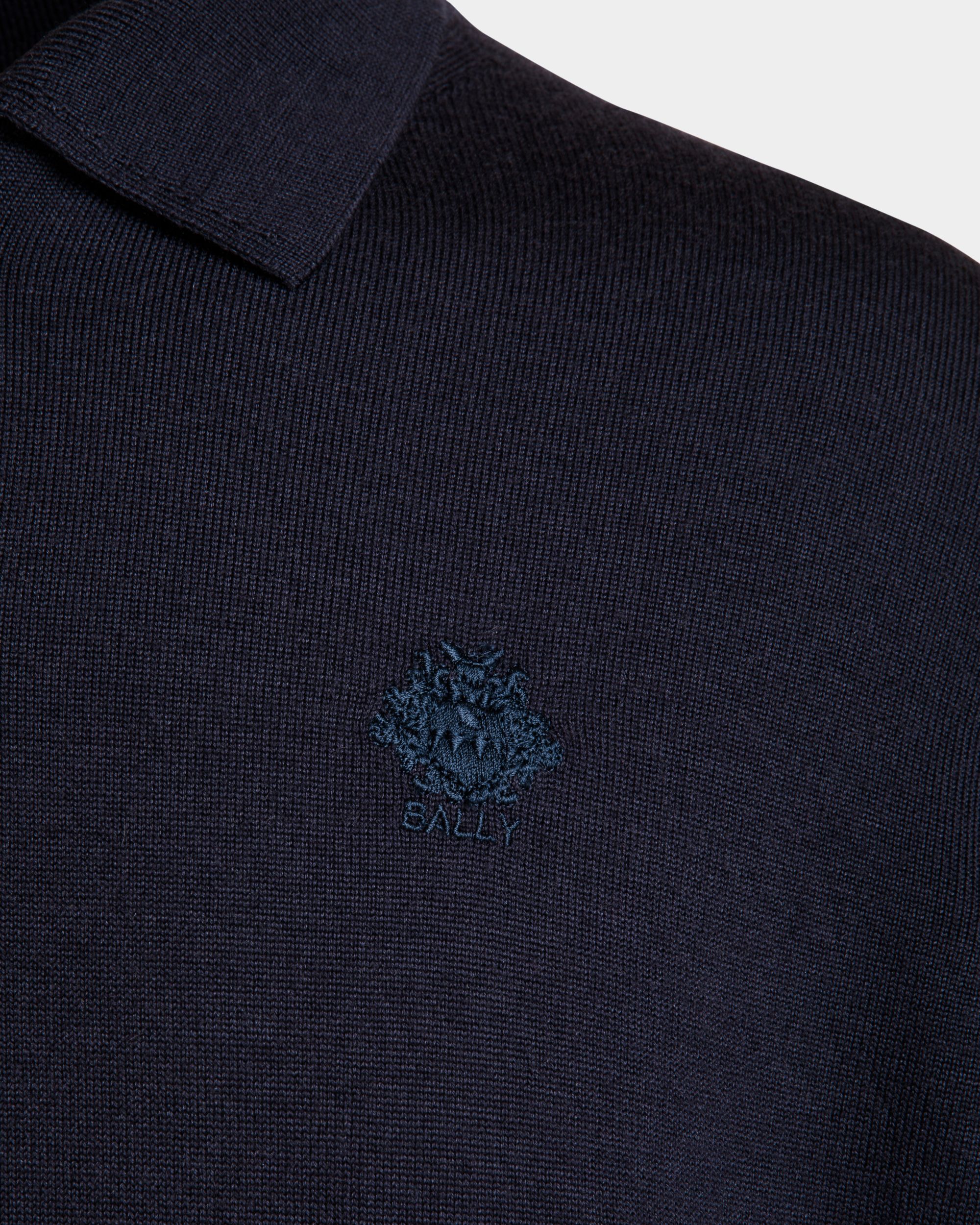 Long Sleeve Polo With Bally Crest Logo in Navy Blue Cashmere Blend - Image 4