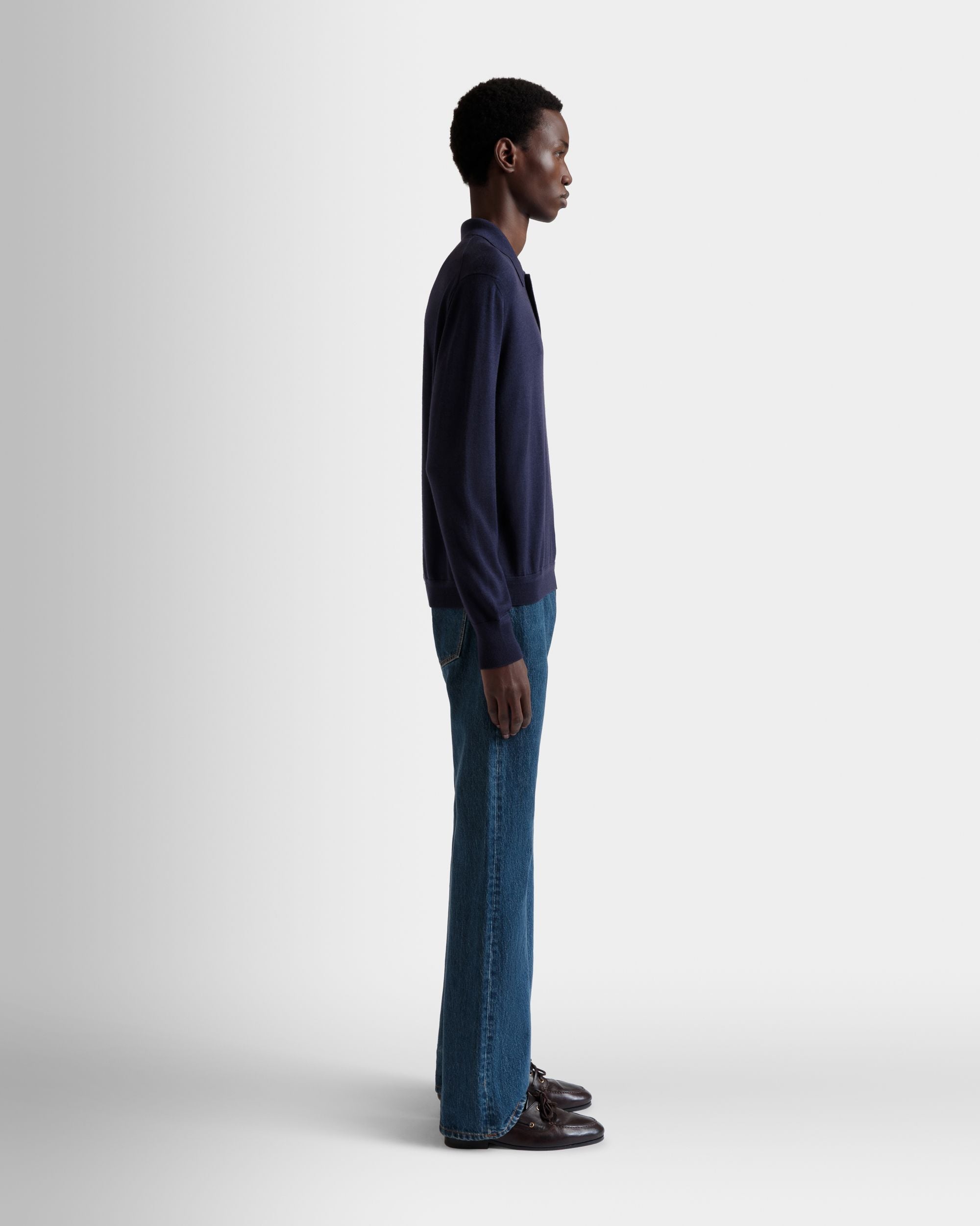 Long Sleeve Polo With Bally Crest Logo in Navy Blue Cashmere Blend - Image 5