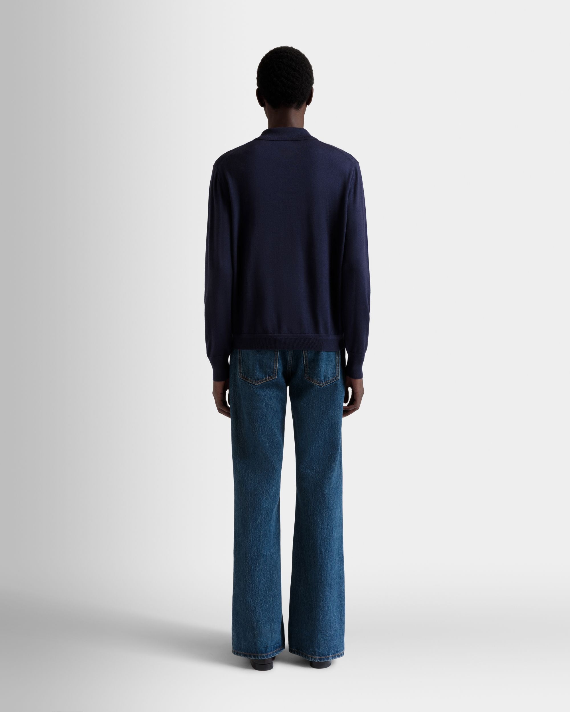 Long Sleeve Polo With Bally Crest Logo in Navy Blue Cashmere Blend - Image 6