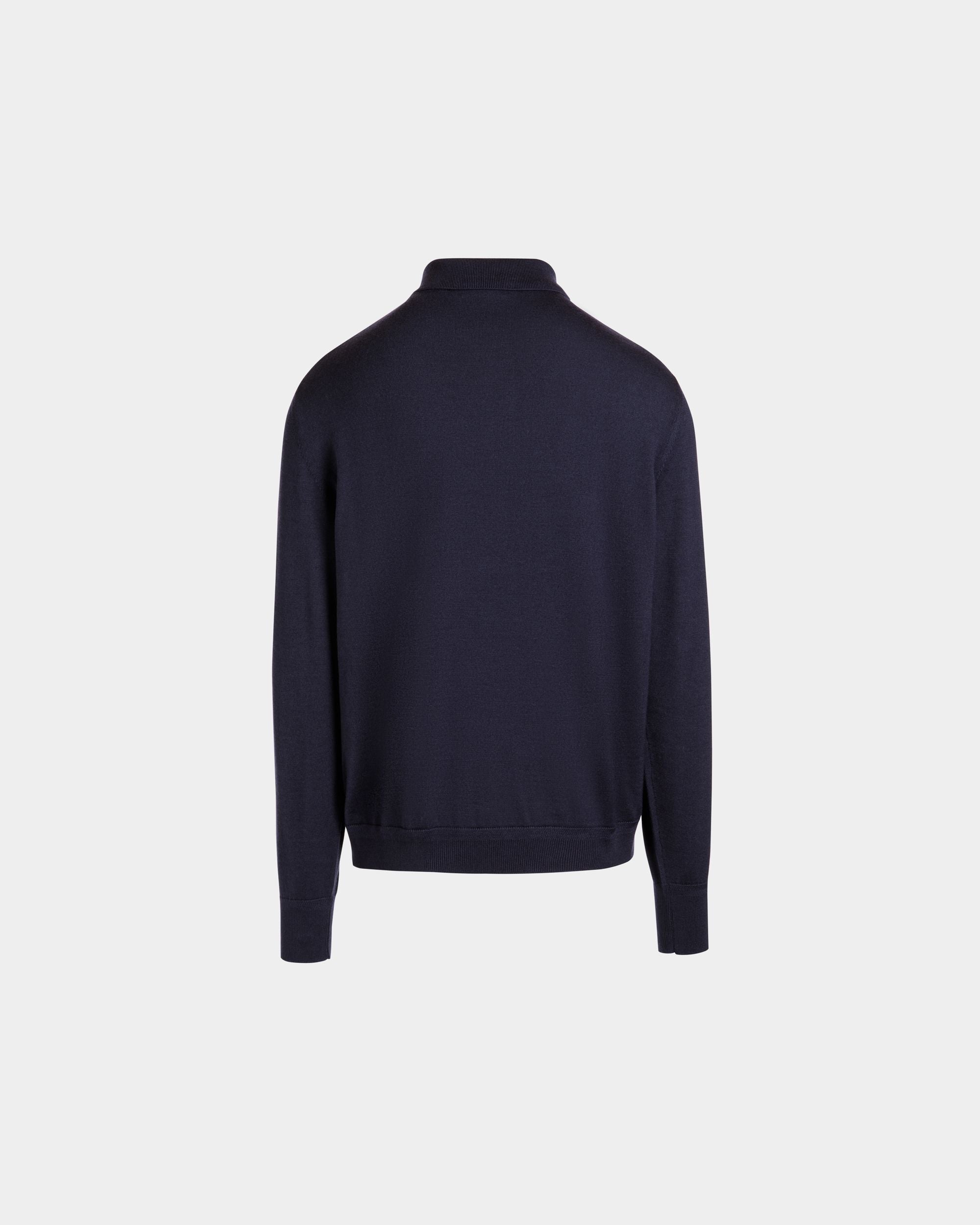 Long Sleeve Polo With Bally Crest Logo in Navy Blue Cashmere Blend - Image 7
