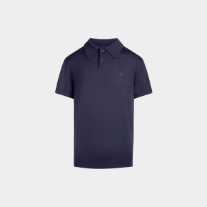 Polo Shirt in Navy Blue Wool and Cashmere with an Embroidered Crest
