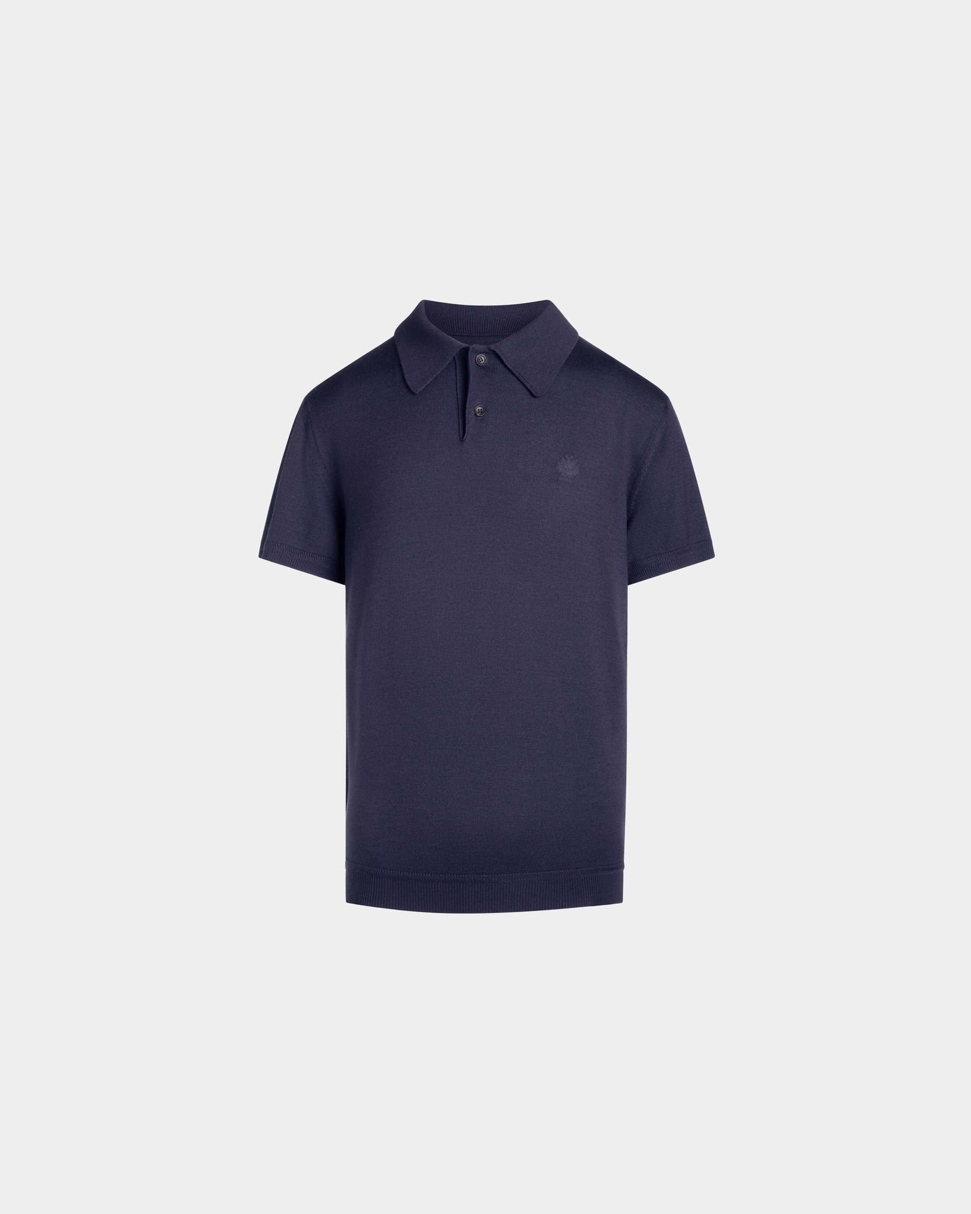 Polo Shirt in Navy Blue Wool and Cashmere with an Embroidered Crest