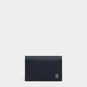 Business Card Holder in Navy Blue Embossed Leather