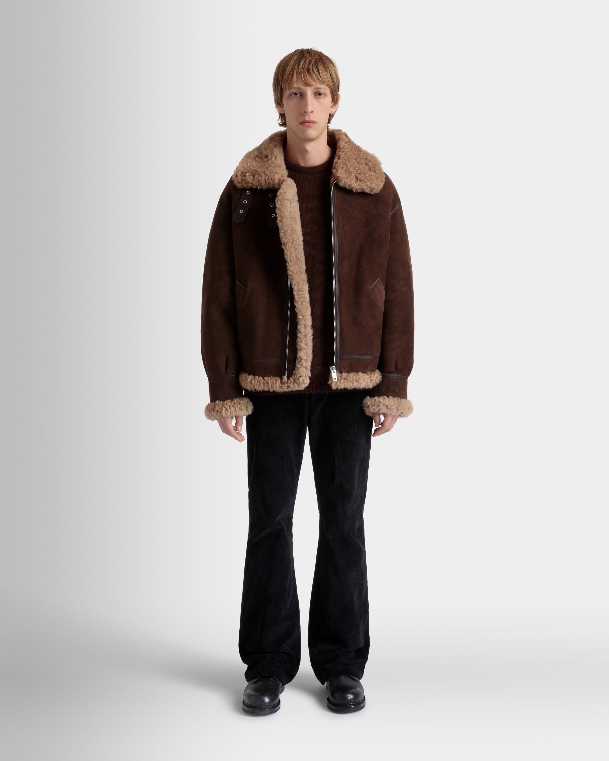 Aviator Jacket In Brown And Beige Shearling - Image 2
