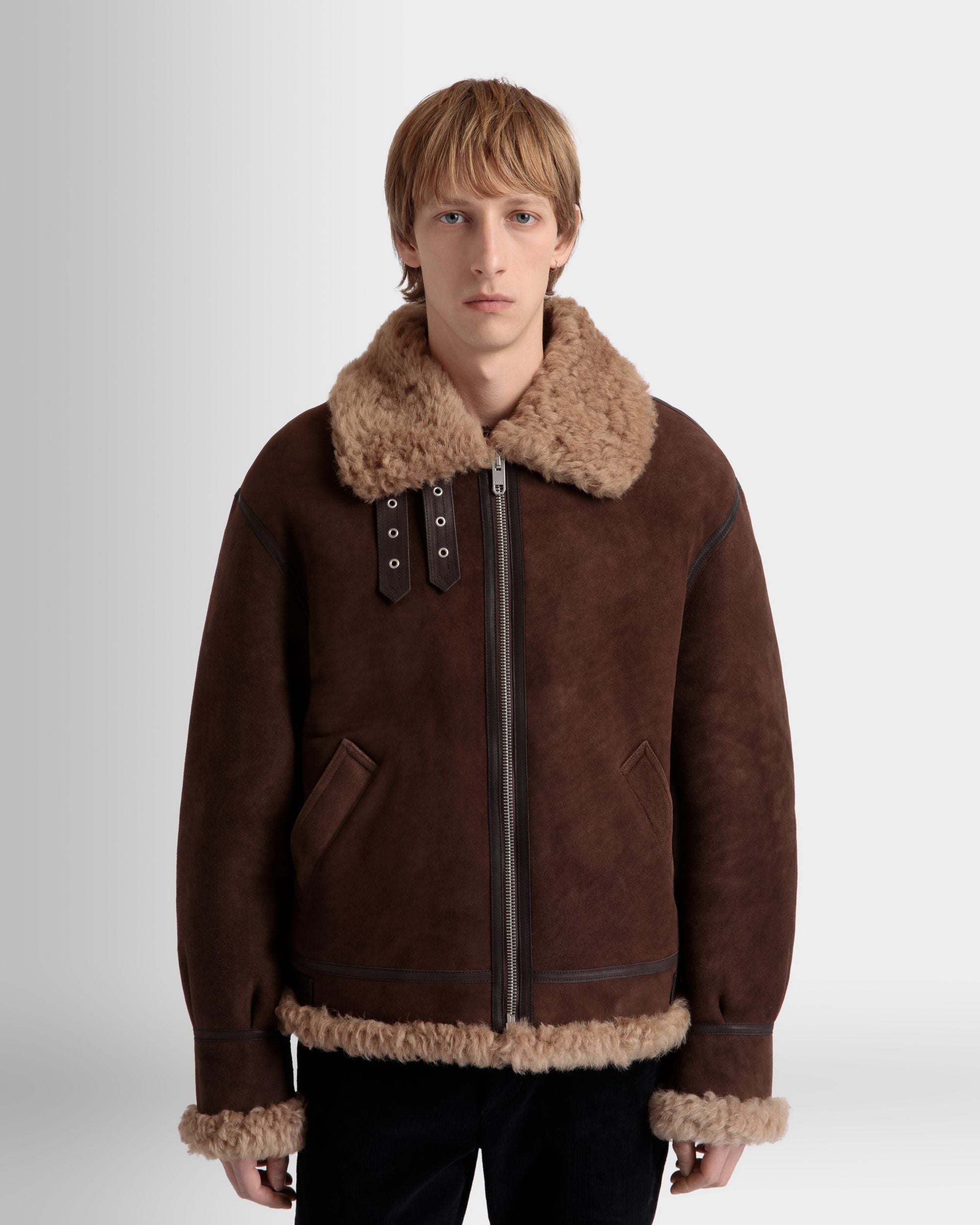 Aviator Jacket In Brown And Beige Shearling - Image 3