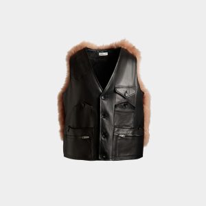 Vest With Shearling Insert In Black Leather