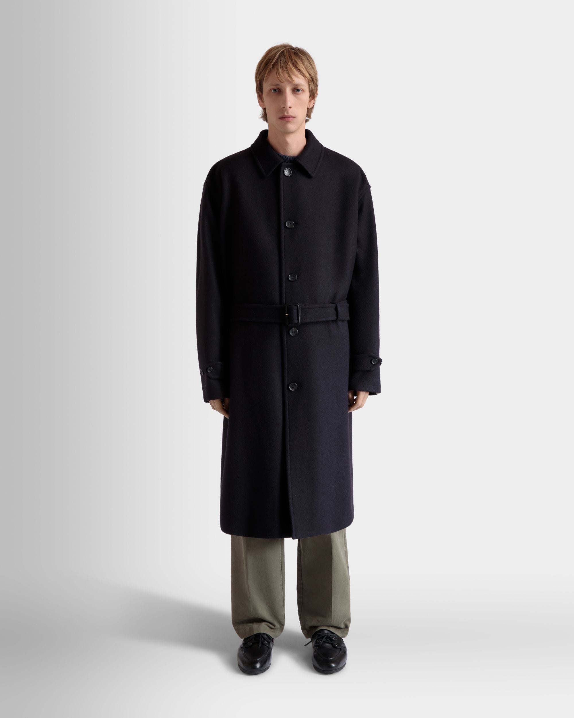 Single-breasted Coat In Navy Blue Wool Blend - Image 2