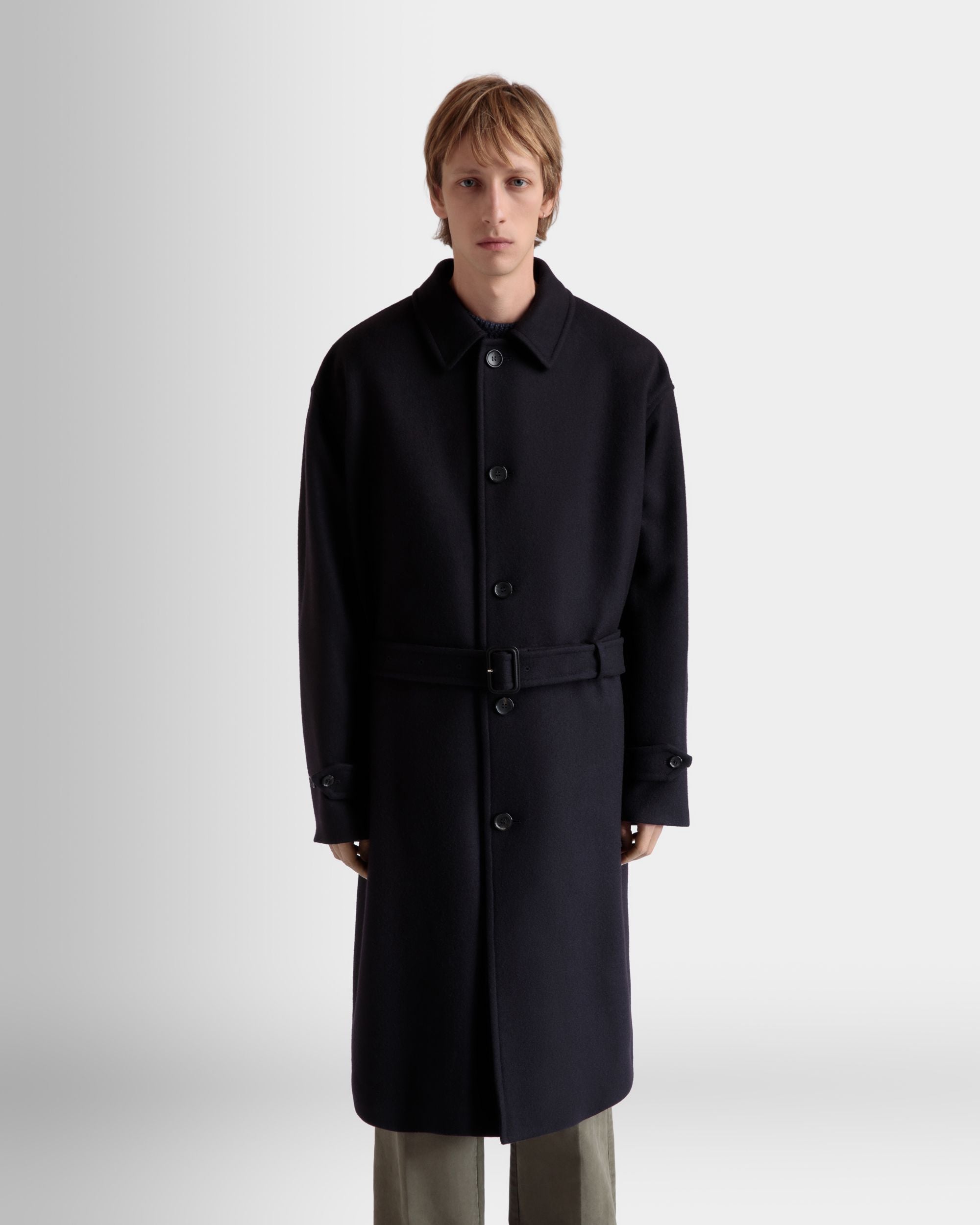 Single-breasted Coat In Navy Blue Wool Blend - Image 3