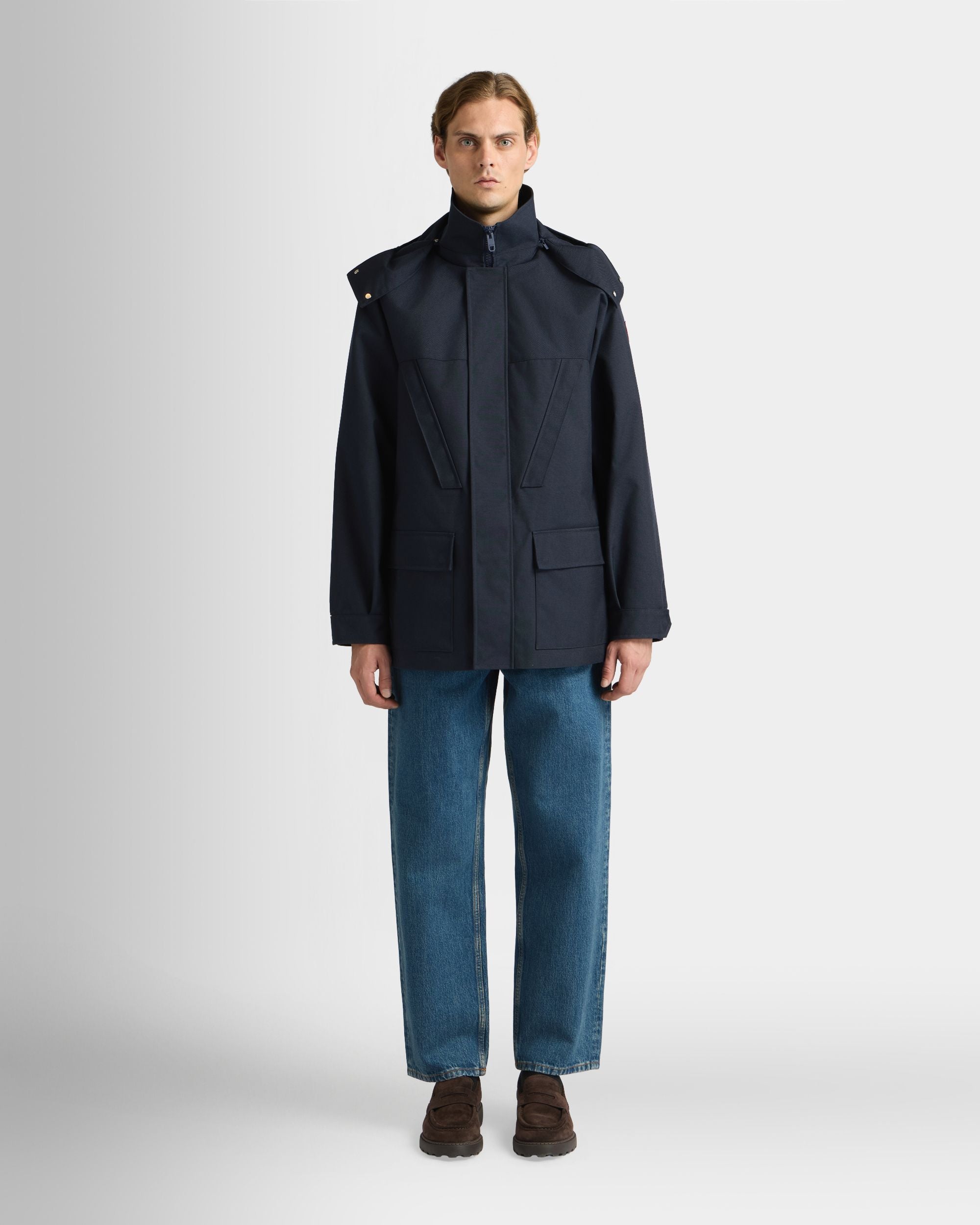 Medium Length Parka in Navy Blue Nylon - Image 2