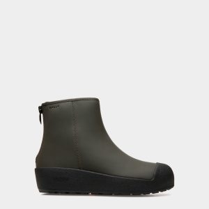 Bally Curling Bootie in Military Green Rubberized Leather