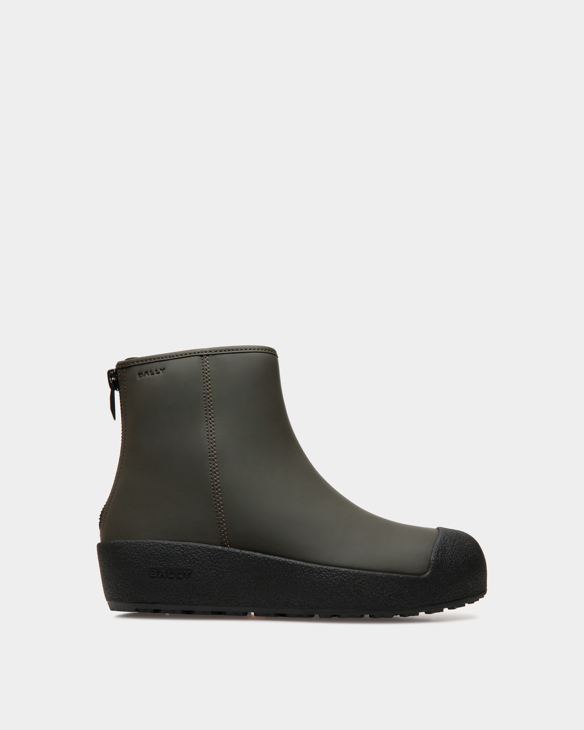 Bally Curling Bootie in Military Green Rubberized Leather