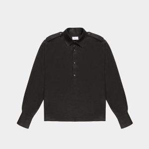 Half Button Shirt In Black Linen