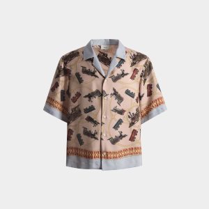 Train Print Camp Collar Shirt In Multicolor Silk