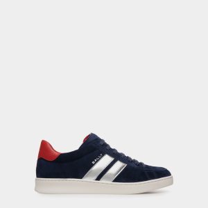 Tennis Sneaker in Navy Blue and Candy Red Suede Leather
