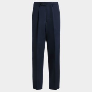 Regular Pleated Pants in Navy Blue Cotton Blend