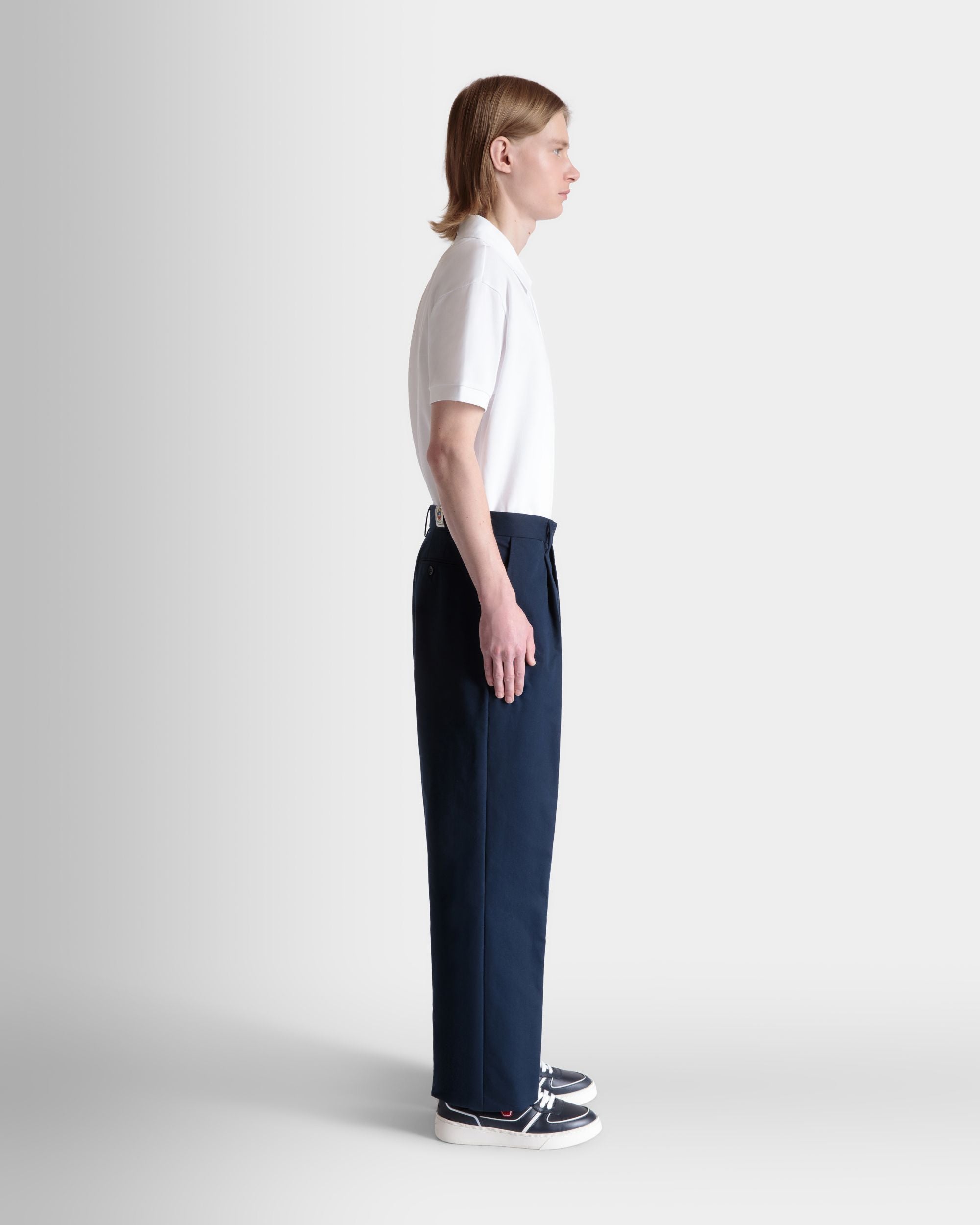 Regular Pleated Pants in Navy Blue Cotton Blend - Image 5