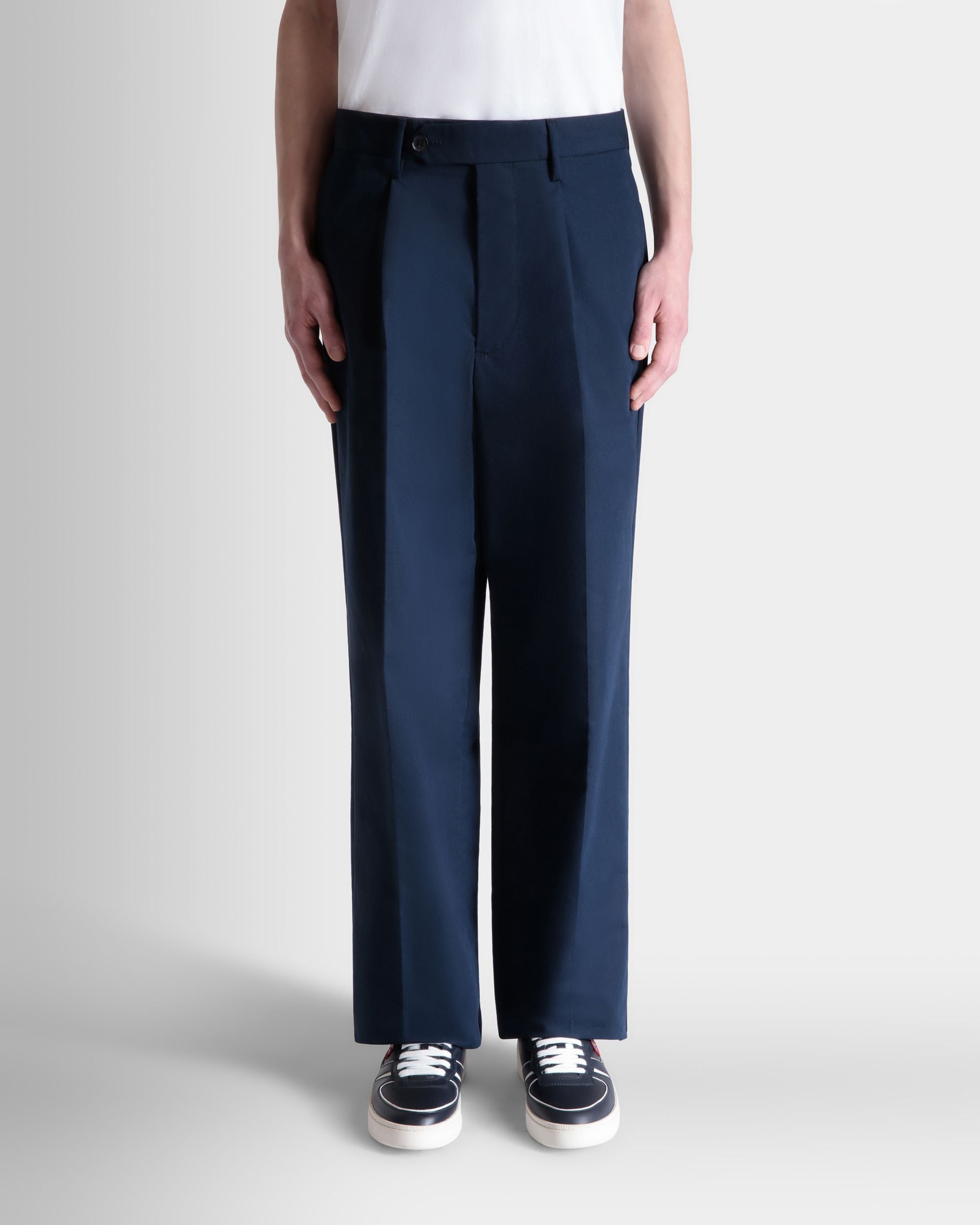 Regular Pleated Pants in Navy Blue Cotton Blend - Image 8