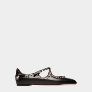 Ballyrina Flat in Black Leather with Studs