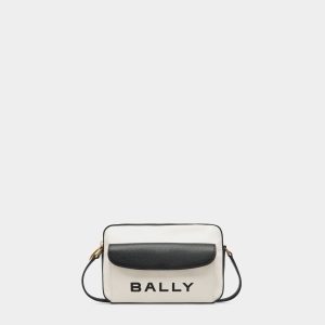 Bar Crossbody Bag In White Fabric And Black Leather