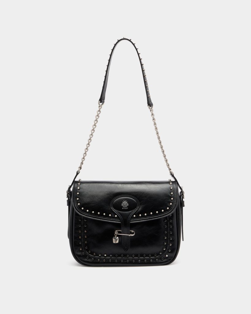 Beckett Soft Crossbody Bag in Black Leather With a Bally Pin and Studs