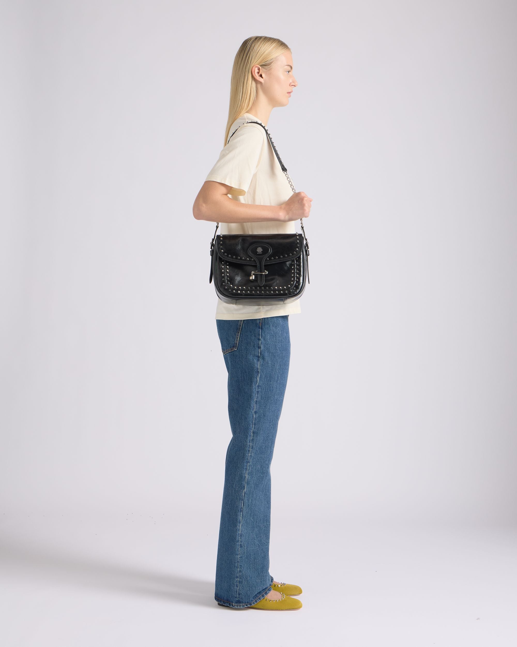 Beckett Soft Crossbody Bag in Black Leather With a Bally Pin and Studs - Image 2