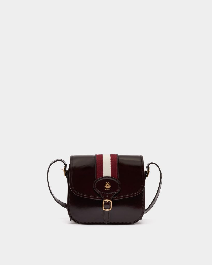 Beckett Small Crossbody Bag in Deep Burgundy Brushed Leather With a Bally Ribbon