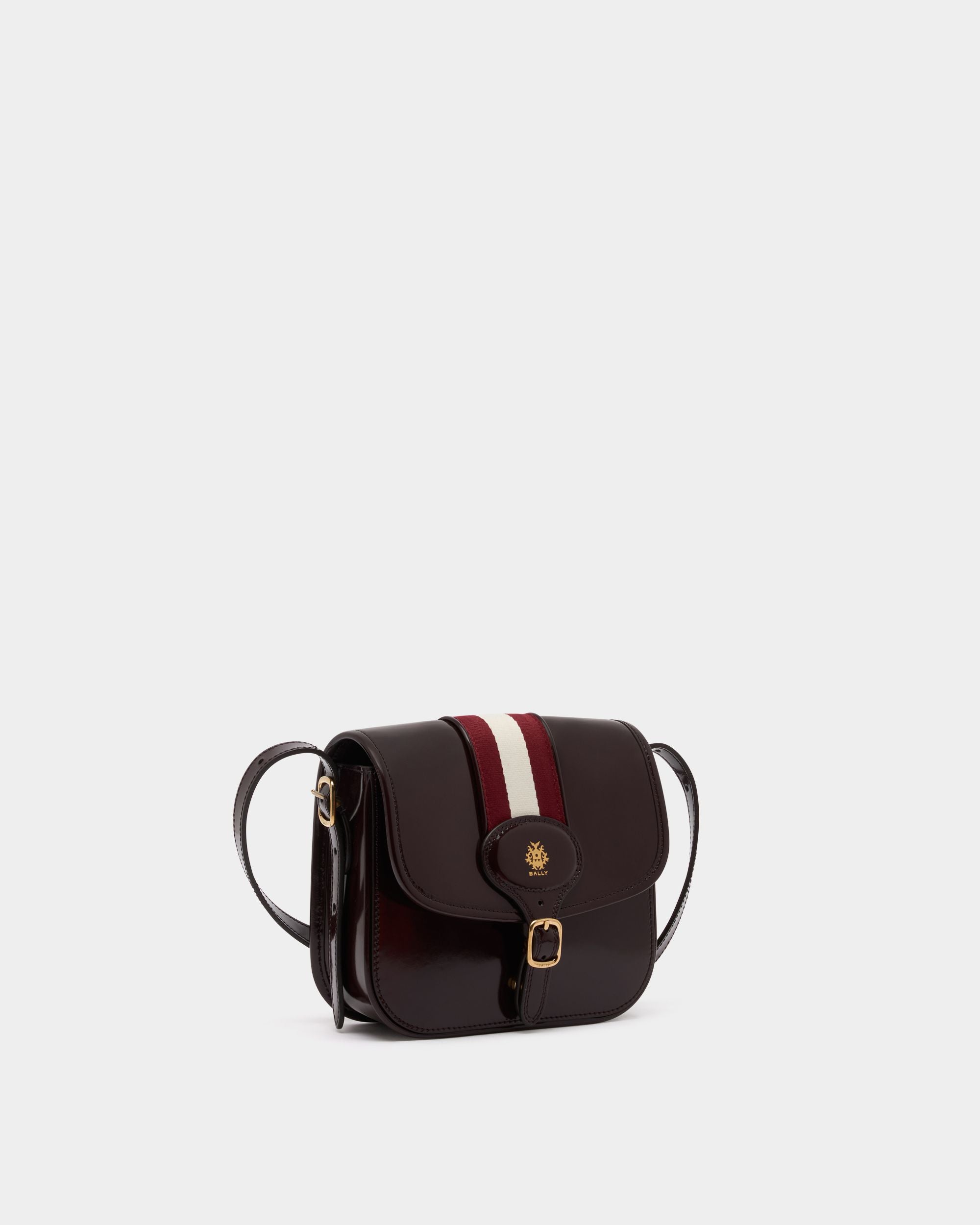 Beckett Small Crossbody Bag in Deep Burgundy Brushed Leather With a Bally Ribbon - Image 3