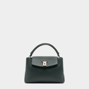 Lock Me Small Top Handle Bag in Marble Green Grained Leather