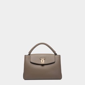 Lock Me Small Top Handle Bag In Taupe Grained Leather