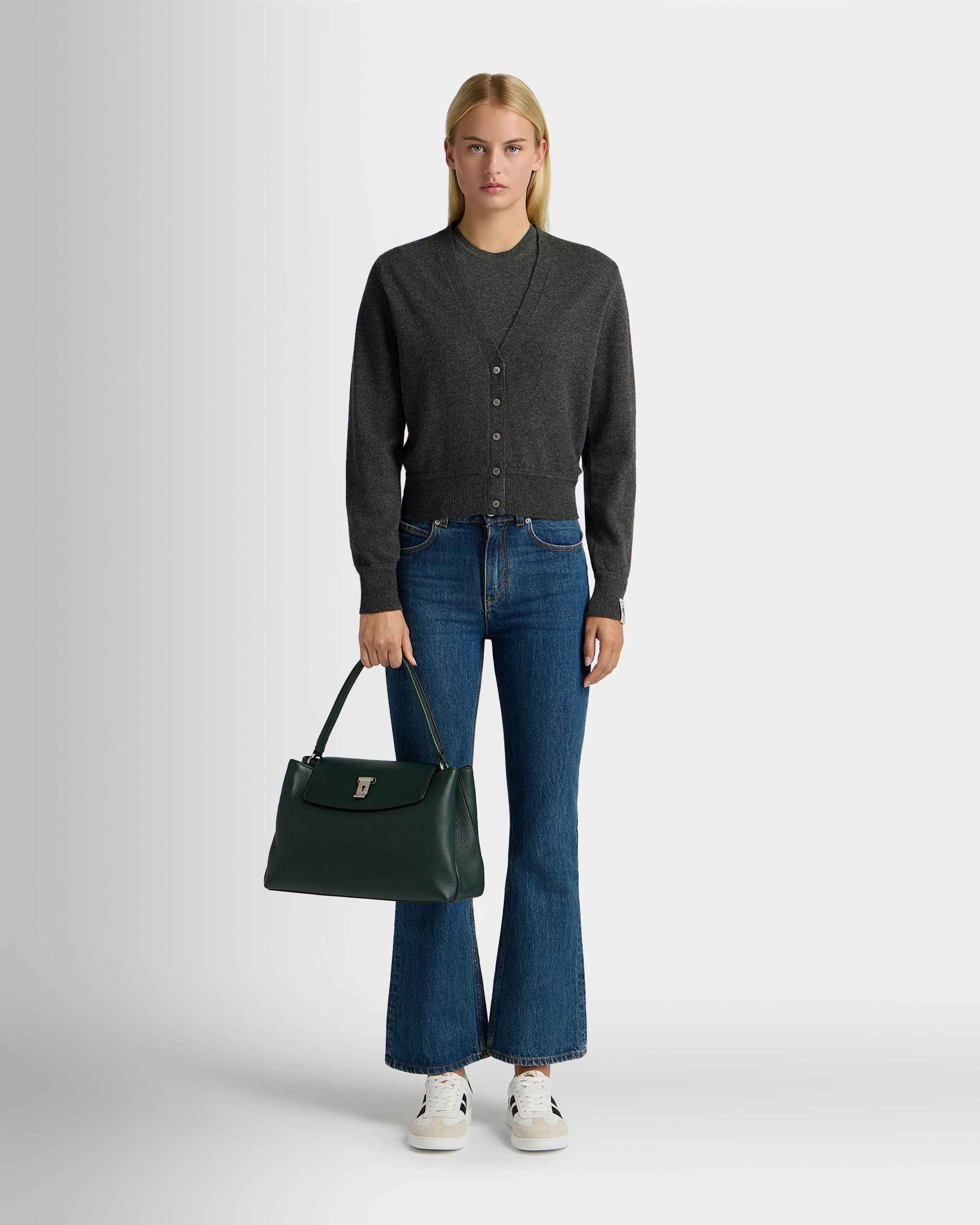 Lock Me Top Handle Bag in Marble Green Grained Leather - Image 2