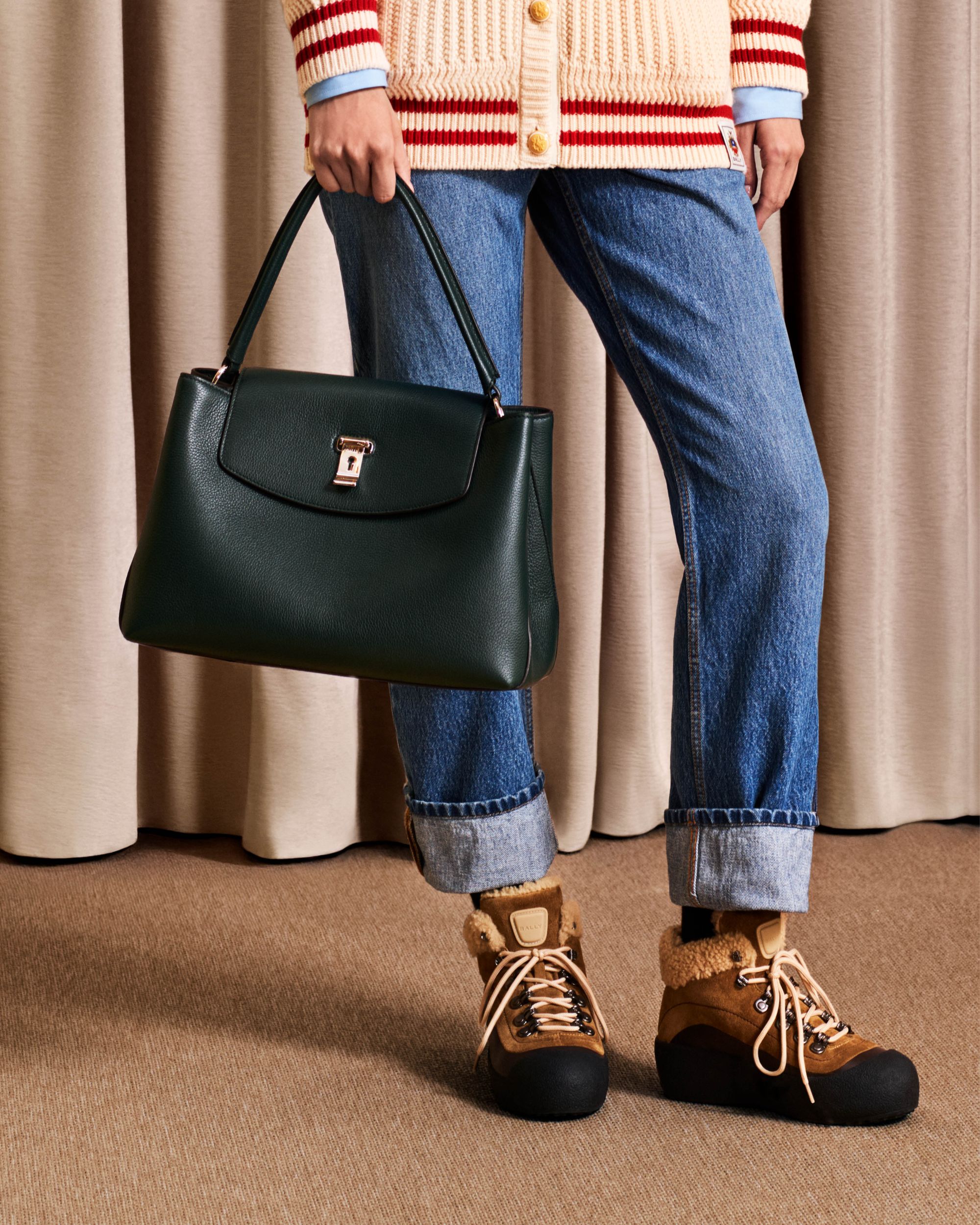 Lock Me Top Handle Bag in Marble Green Grained Leather - Image 7