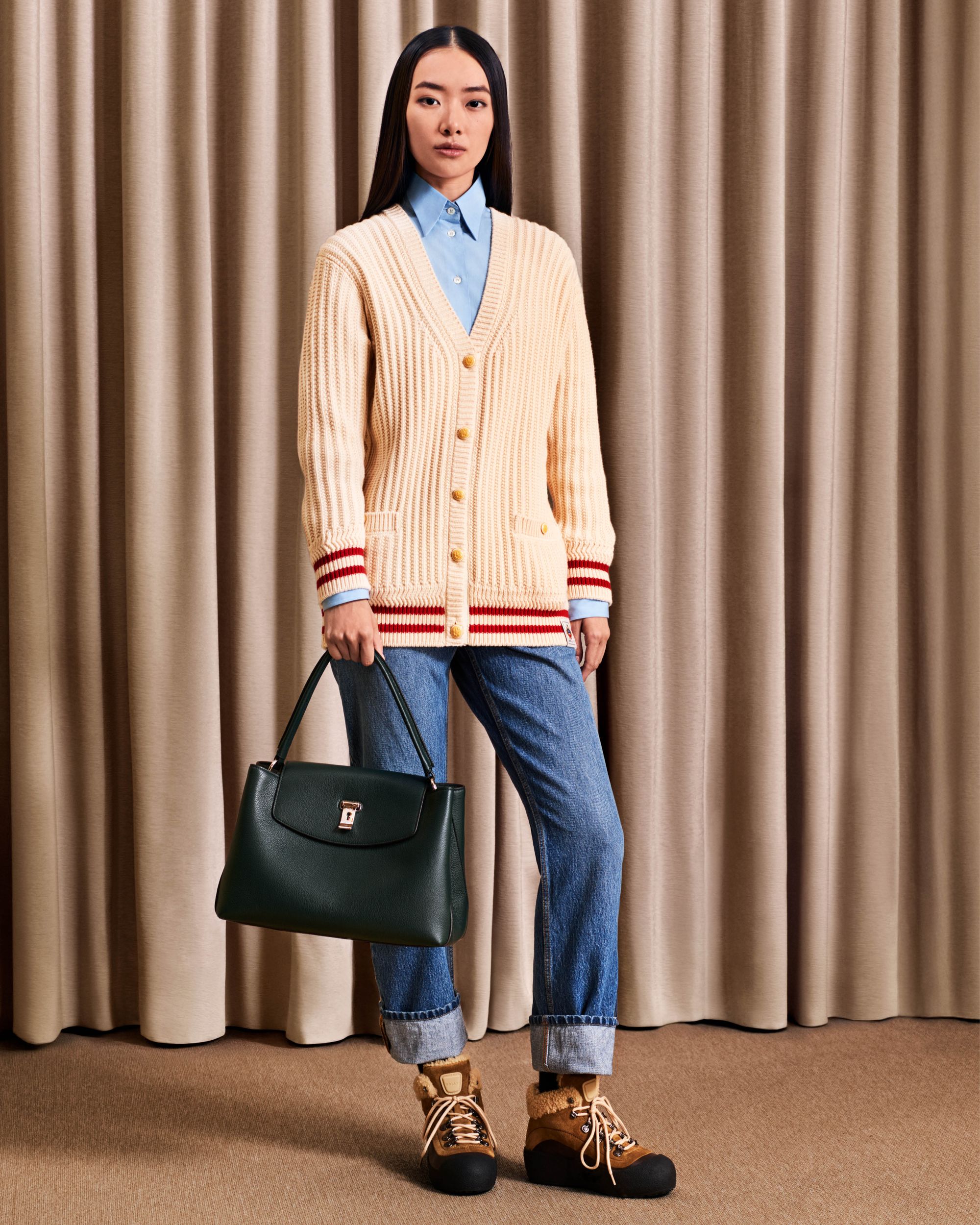 Lock Me Top Handle Bag in Marble Green Grained Leather - Image 8