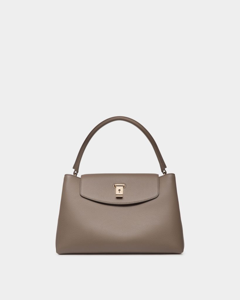 Lock Me Top Handle Bag In Taupe Grained Leather