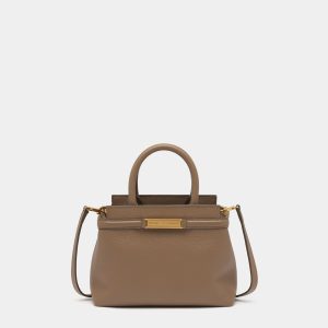 Deco Small Tote Bag in Taupe Grained Leather