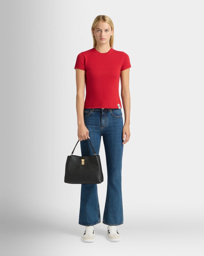 Lock Me Top Handle Bag in Black Grained Leather