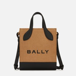 Bar Mini Tote Bag In Beige And Black Canvas And Leather