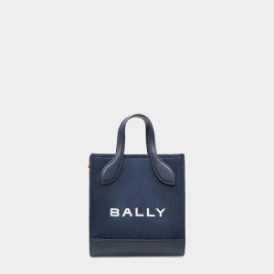 Bar Mini Tote Bag in Navy Blue Fabric And Leather